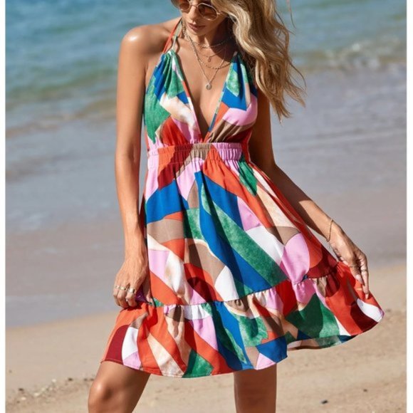 Multicolour Backless Ruffle Hem Halter Dress - Picture 3 of 5